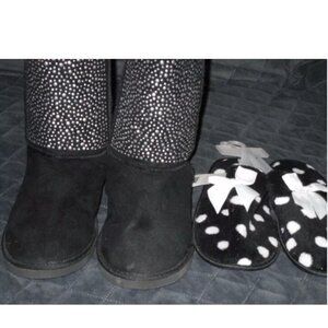 2 Slippers Black & While Polka Dot Scuffs & Black Vanity Sparkle Boots 10 11